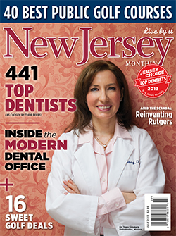 The image features a woman wearing a white lab coat standing in front of a pink background with text overlaying it, including the words  NEW JERSEY  and  40 BEST PUBLIC GOLF COURSES,  suggesting that she may be associated with an article or feature related to golf courses.