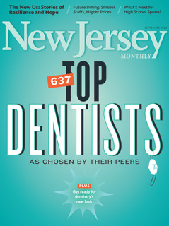 The image shows a magazine cover with the title  NEW JERSEY  prominently displayed at the top, followed by the text  TOP DOCTORS  and below that,  637 DENTISTS AS CHOSEN BY THEIR PEERS . In the center of the cover is a bold headline that reads  TOP DENTISTS , with a graphic design resembling a spotlight or award. The background of the cover is a gradient of blue and green shades, and there are additional texts on the cover, such as  THE NEW US STORIES OF RESILIENCE AND HOPE  at the top left corner, and  GET READY FOR THE WEEKEND  at the bottom right corner. The overall style of the image is promotional and informative, designed to highlight a list of dentists in New Jersey as chosen by their peers.