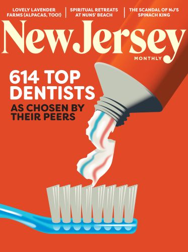The image features a magazine cover with a graphic illustration of toothpaste being squeezed onto a toothbrush, accompanied by text highlighting the number of top dentists chosen by their peers.