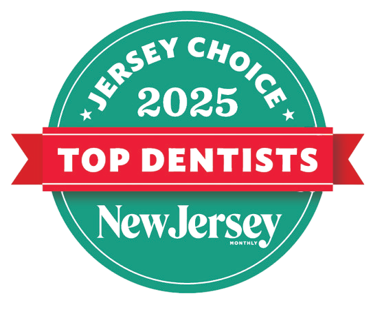 The image features a badge-style graphic with text that reads 'JERSEY CHOICE 2025 TOP DENTISTS NEW JERSEY' above a red ribbon, followed by a list of dentists and the state's name, New Jersey.