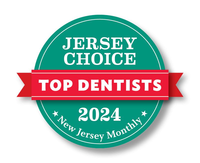 The image shows a logo with text that reads 'JERSEY CHOICE TOP DENTISTS 2021' along with the number '204' and the phrase 'NEW JERSEY MONTHLY.' It features a graphic seal or emblem with a ribbon-like border and a starburst design. The style of the image is promotional, likely representing an award or recognition for dentists in New Jersey for the year 2021.