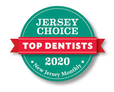 The image features a badge with text that reads 'JERSEY CHOICE TOP DENTISTS 2020' and includes a logo for New Jersey Monthly, indicating recognition for top dentists in New Jersey.