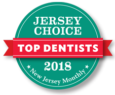 The image shows a badge with text that reads 'JERSEY CHOICE TOP DENTISTS 2018' and includes a logo for New Jersey Monthly, indicating recognition for top dentists in New Jersey for the year 2018.