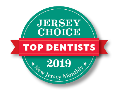 The image features a badge with text indicating 'New Jersey Monthly Top Dentists 2019' and includes a graphic element resembling a ribbon, along with a circular emblem that reads 'Jersey Choice.' The style of the image is informational and promotional.