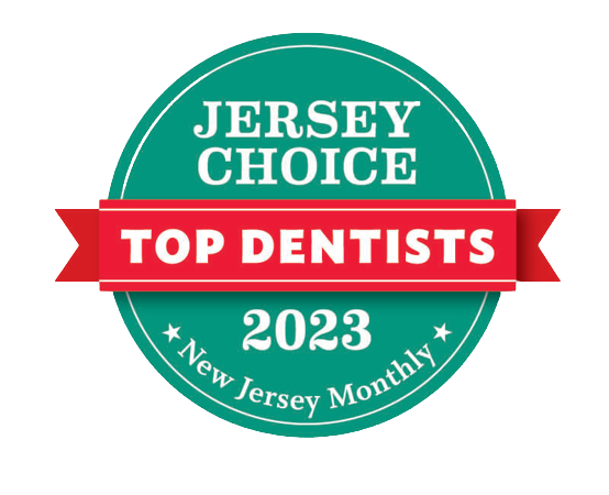 The image features a badge with text that reads 'JERSEY CHOICE TOP DENTISTS 2023' and includes a list of dentists, indicating recognition for their professional achievements in New Jersey.