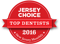 The image displays a red seal with white text stating 'JERSEY CHOICE TOP DENTISTS 2016' around the perimeter, inside of which there's a central white area with the number '1' and the word 'NEW JERSEY MONTHLY' in black. The background is white.