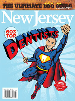 The image features a cover of  New Jersey  magazine with an illustration of a superhero dentist named  Super Dentist  on it, celebrating a ranking of top dentists in New Jersey.